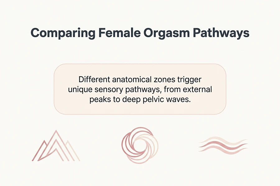 different anatomical zones trigger unique sensory pathways from external peaks to deep pelvic waves